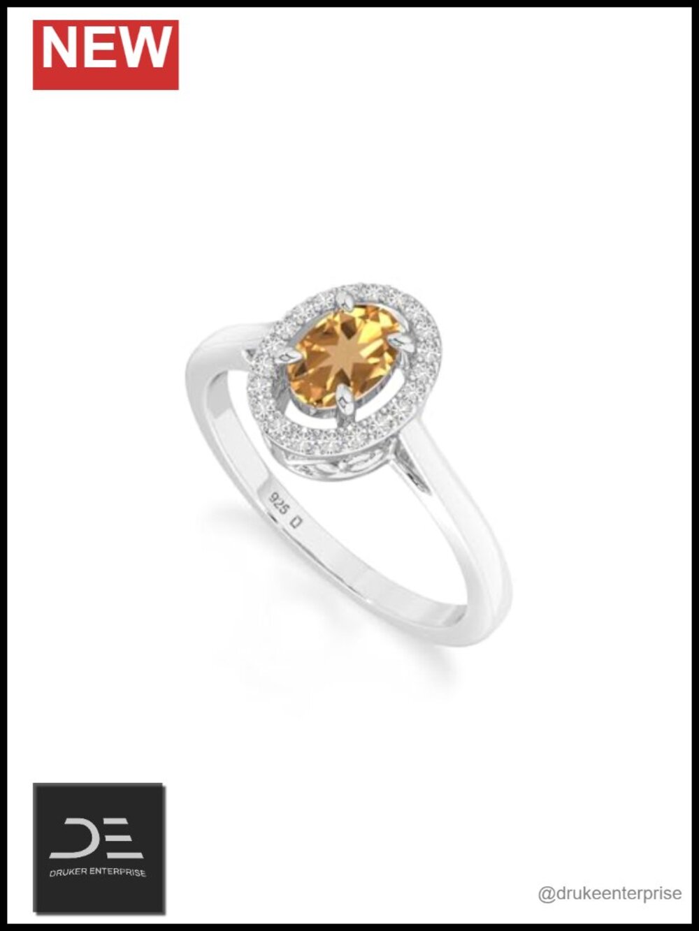 Natural Citrine Oval Halo Ring 925 Sterling Silver Prong Setting